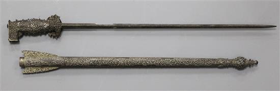 A Balkan niello and white metal-mounted stiletto and scabbard, 19th century, L 42.5cm (blade); 57cm (overall)